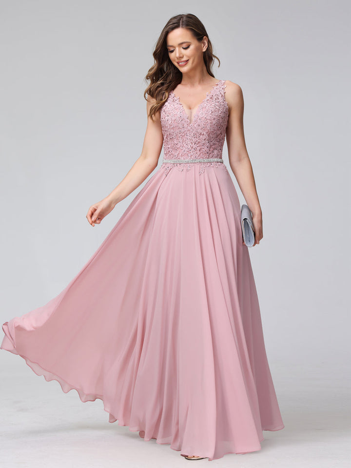 A-Line V-Neck Sleeveless Long Chiffon Dresses with Lace Appliques &amp; Rhinestones