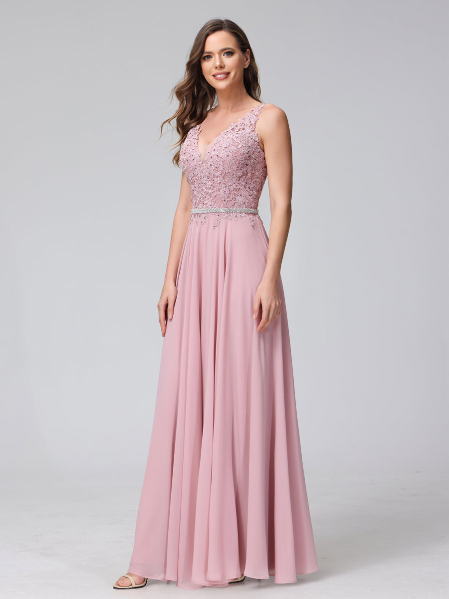 A-Line V-Neck Sleeveless Long Chiffon Dresses with Lace Appliques &amp; Rhinestones