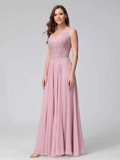 A-Line V-Neck Sleeveless Long Chiffon Dresses with Lace Appliques & Rhinestones