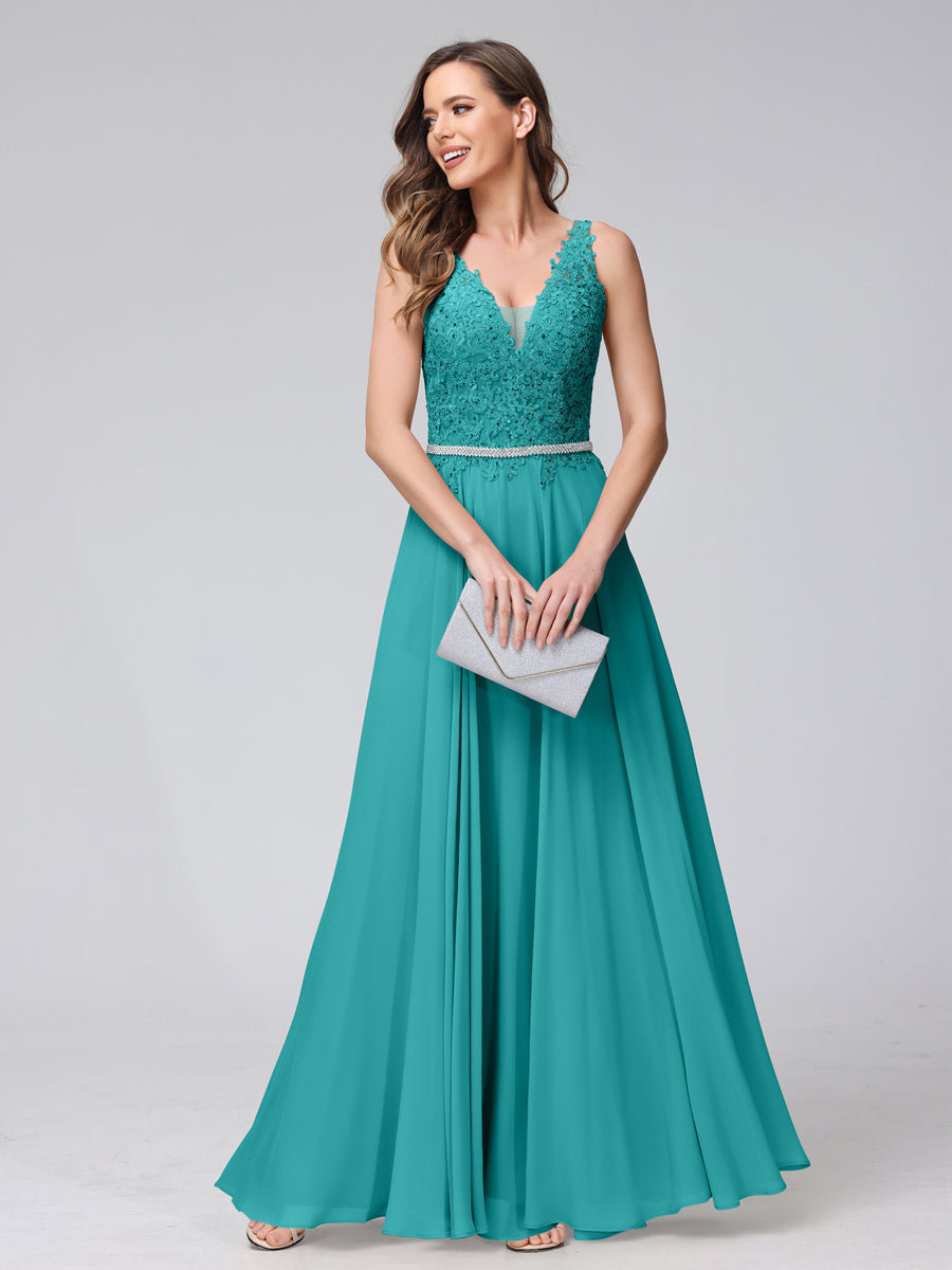 A-Line V-Neck Sleeveless Long Chiffon Dresses with Lace Appliques &amp; Rhinestones