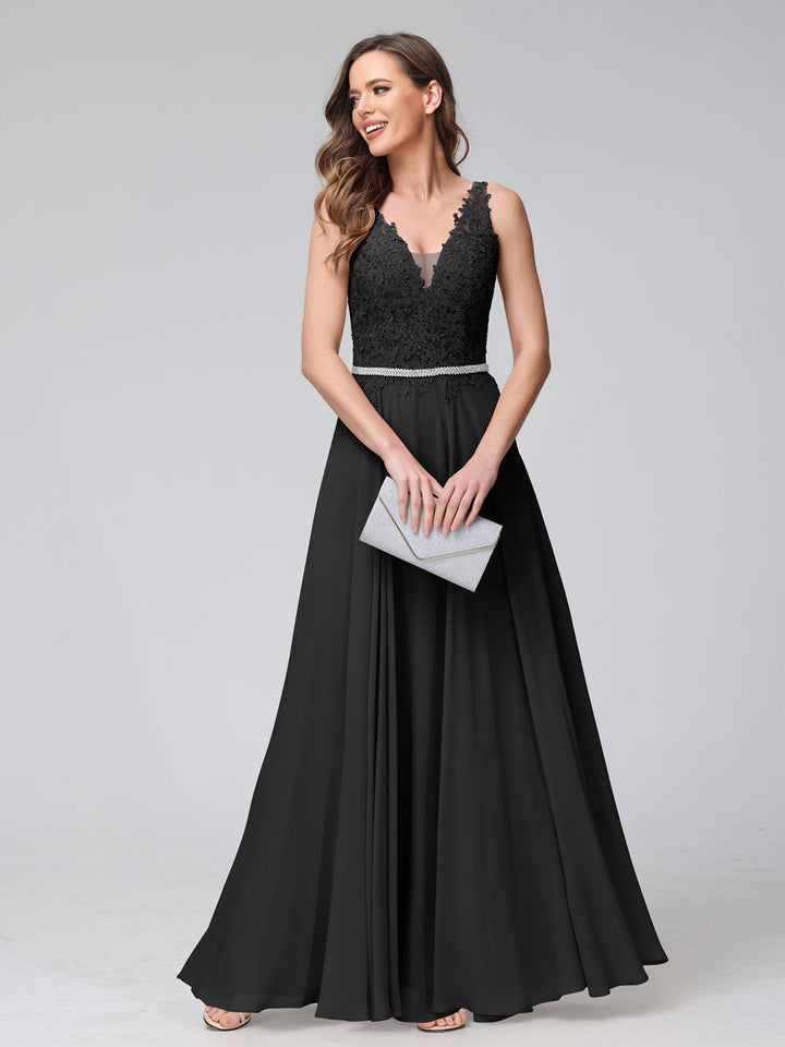 A-Line V-Neck Sleeveless Long Chiffon Dresses with Lace Appliques &amp; Rhinestones