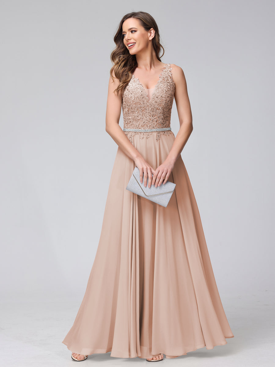 A-Line V-Neck Sleeveless Long Chiffon Dresses with Lace Appliques &amp; Rhinestones