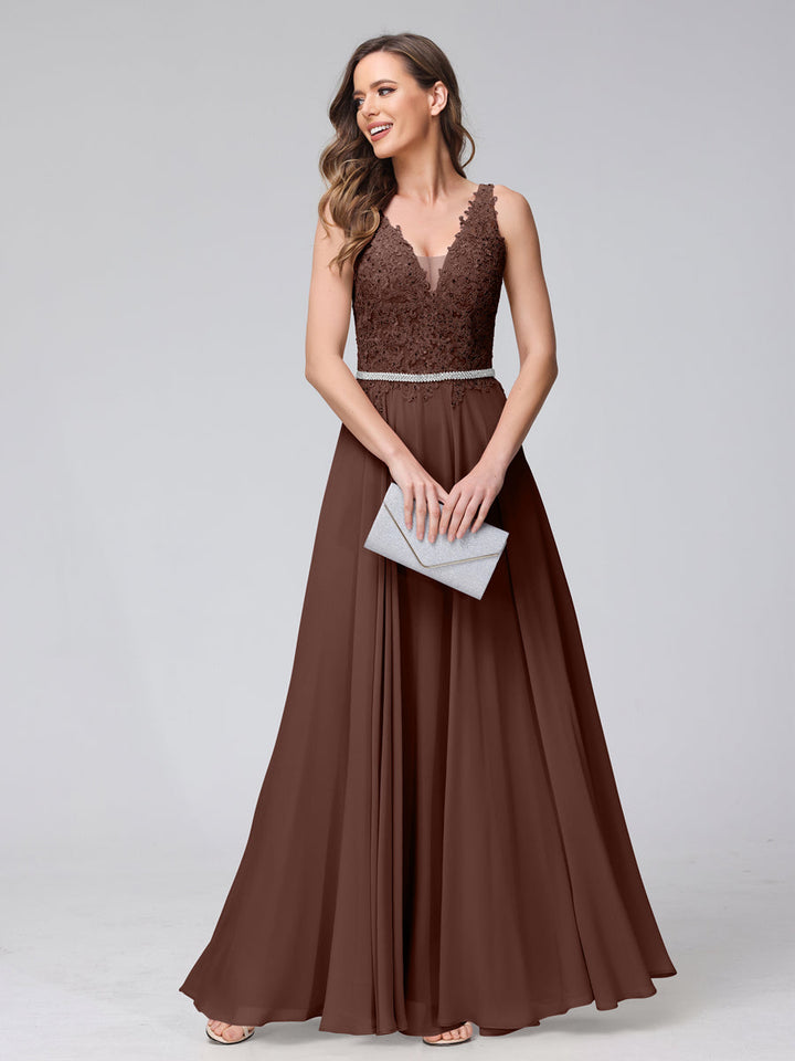 A-Line V-Neck Sleeveless Long Chiffon Dresses with Lace Appliques &amp; Rhinestones