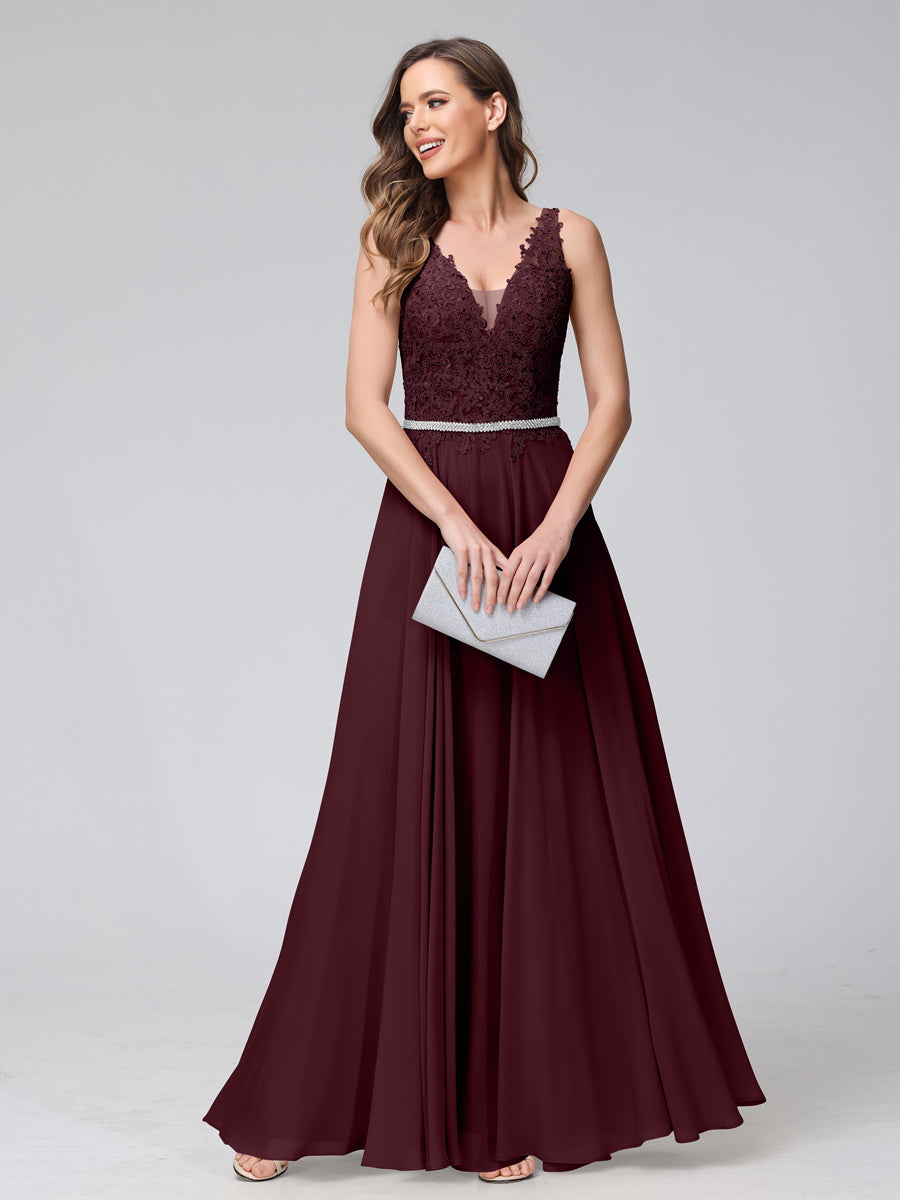 A-Line V-Neck Sleeveless Long Chiffon Dresses with Lace Appliques &amp; Rhinestones