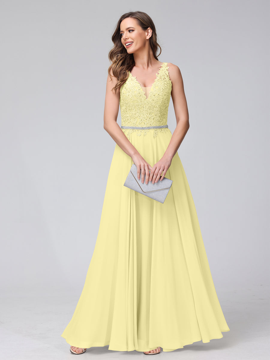 A-Line V-Neck Sleeveless Long Chiffon Dresses with Lace Appliques &amp; Rhinestones