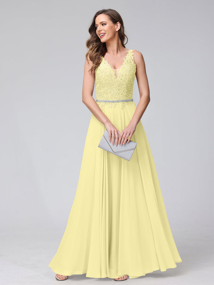 A-Line V-Neck Sleeveless Long Chiffon Dresses with Lace Appliques &amp; Rhinestones
