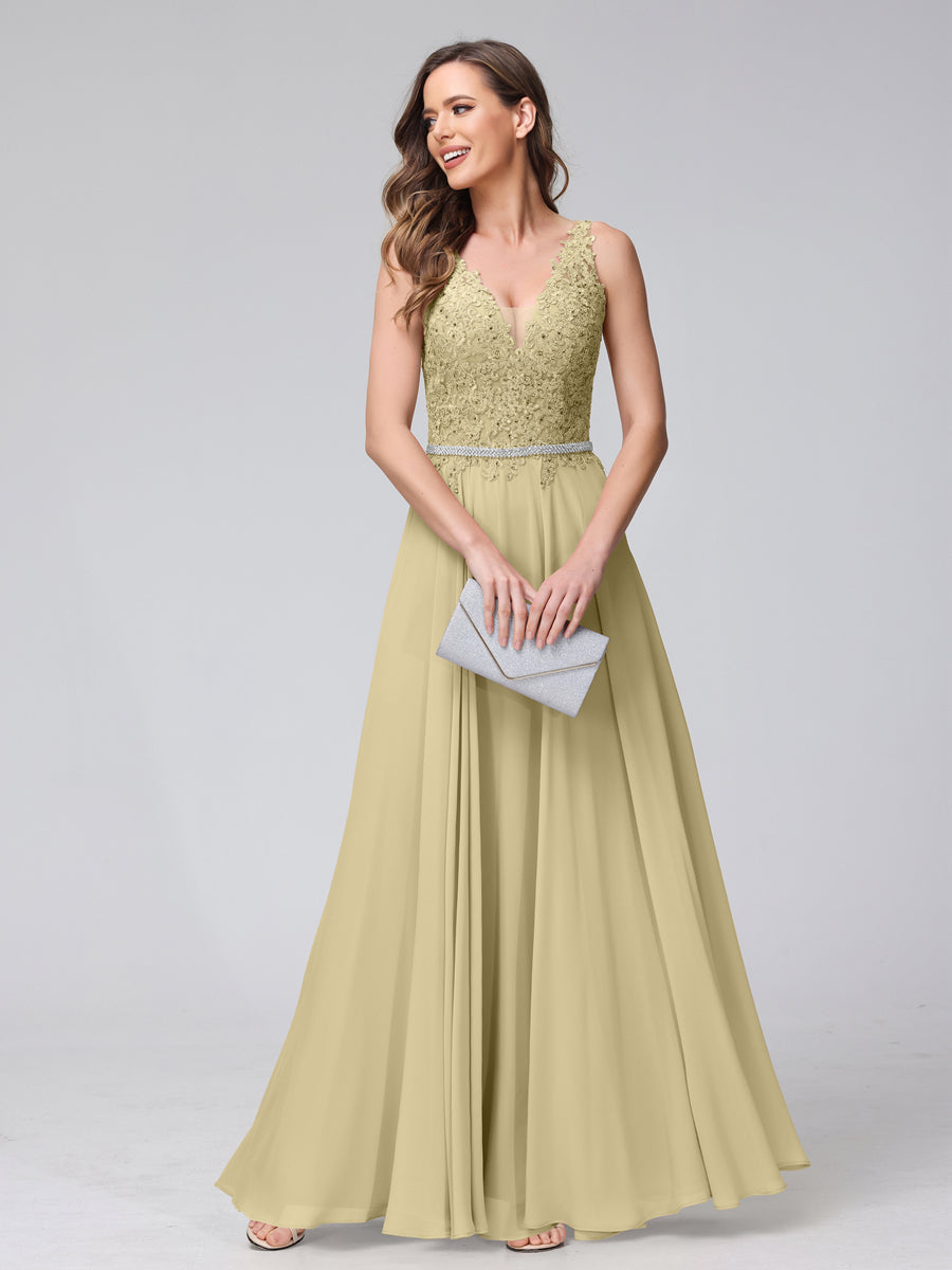 A-Line V-Neck Sleeveless Long Chiffon Dresses with Lace Appliques &amp; Rhinestones