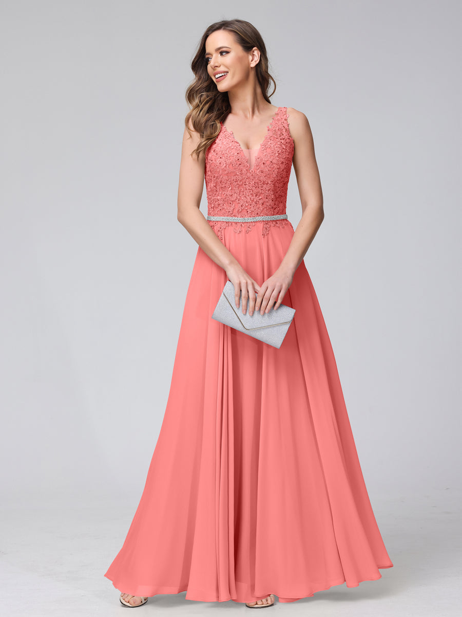 A-Line V-Neck Sleeveless Long Chiffon Dresses with Lace Appliques &amp; Rhinestones