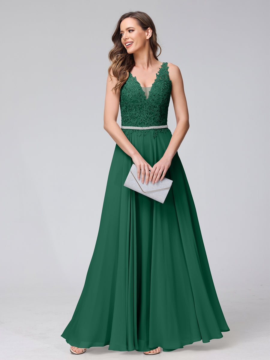 A-Line V-Neck Sleeveless Long Chiffon Dresses with Lace Appliques &amp; Rhinestones