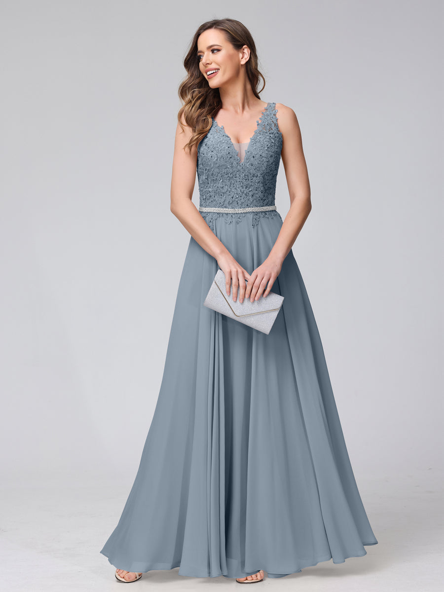 A-Line V-Neck Sleeveless Long Chiffon Dresses with Lace Appliques & Rhinestones