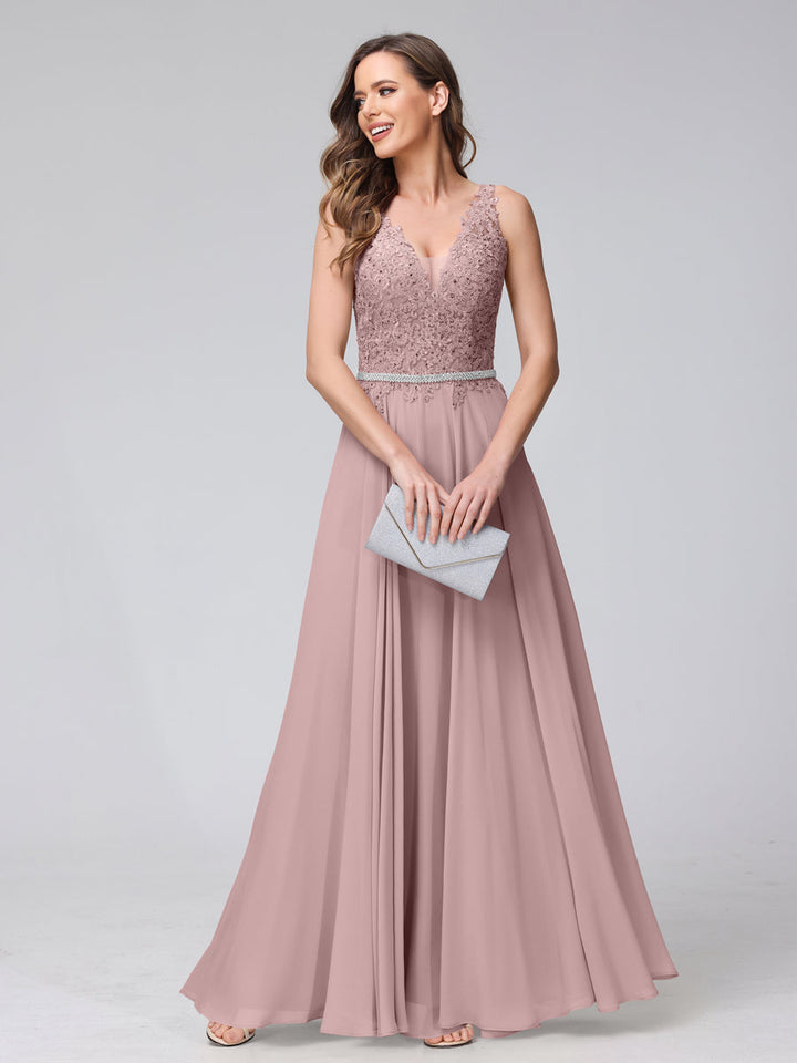 A-Line V-Neck Sleeveless Long Chiffon Dresses with Lace Appliques &amp; Rhinestones
