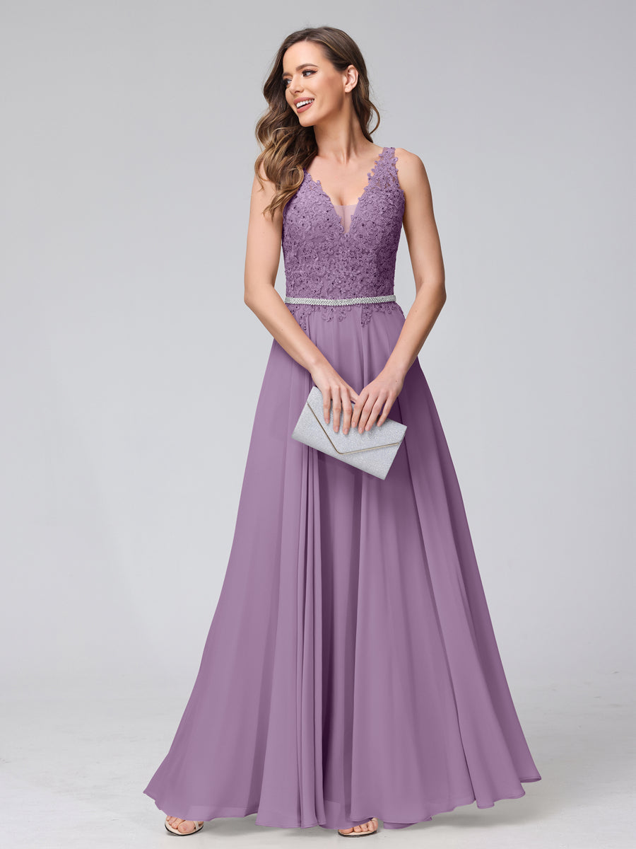 A-Line V-Neck Sleeveless Long Chiffon Dresses with Lace Appliques & Rhinestones