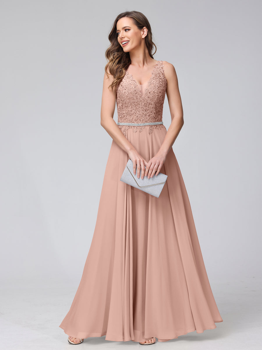 A-Line V-Neck Sleeveless Long Chiffon Dresses with Lace Appliques &amp; Rhinestones