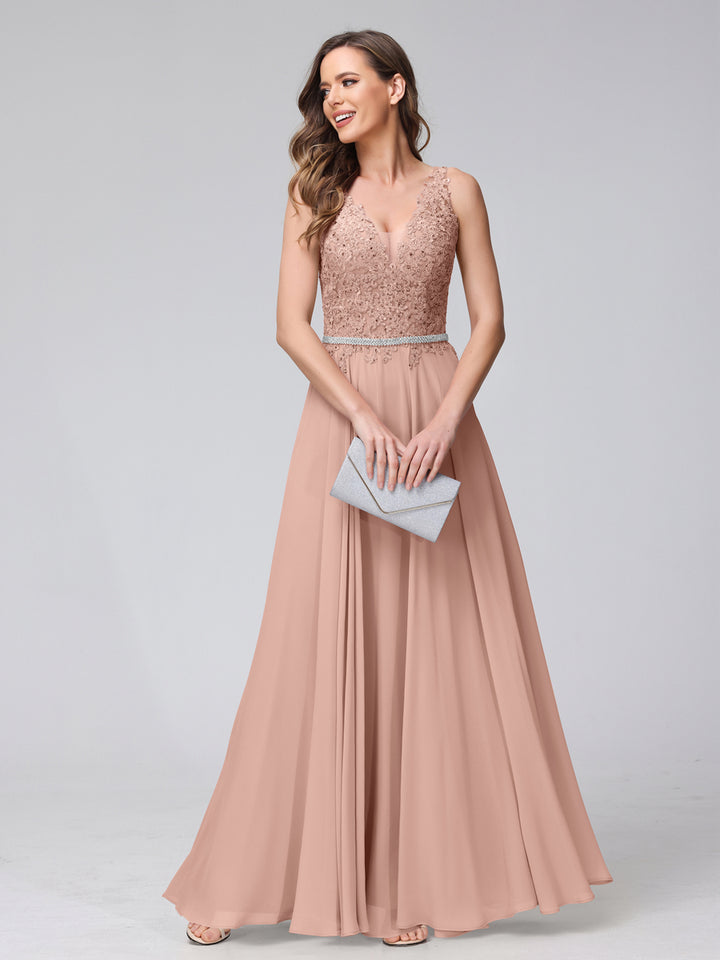 A-Line V-Neck Sleeveless Long Chiffon Dresses with Lace Appliques &amp; Rhinestones