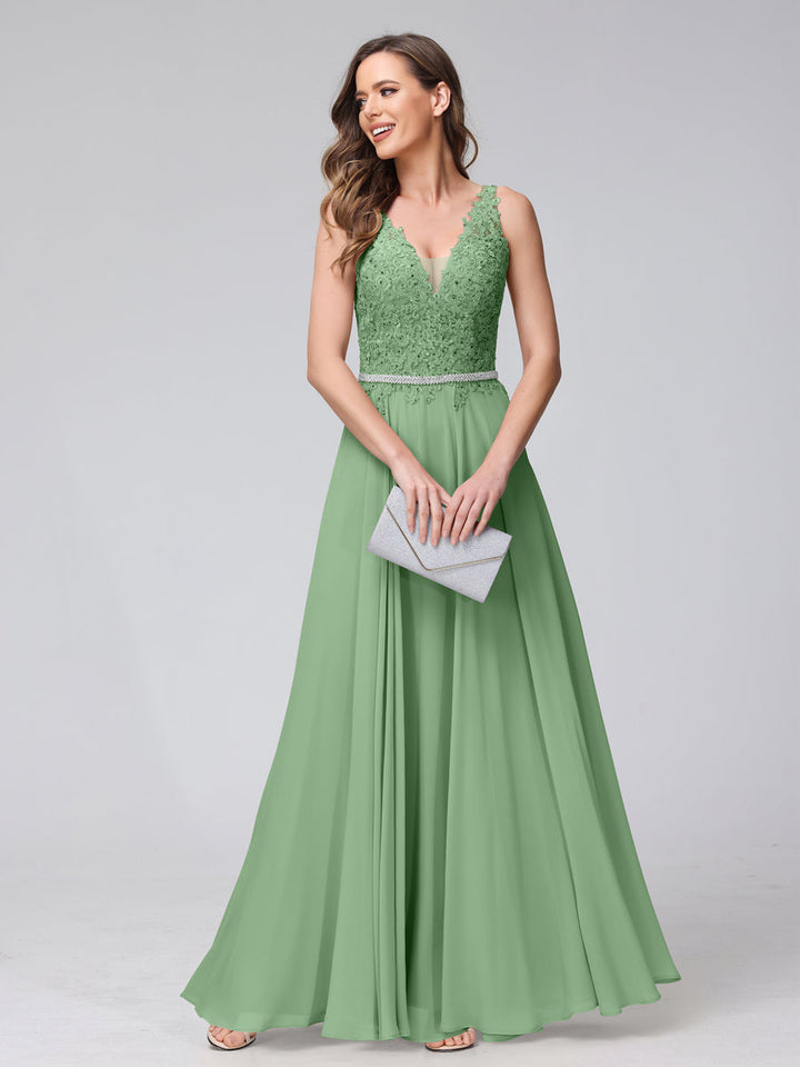 A-Line V-Neck Sleeveless Long Chiffon Dresses with Lace Appliques &amp; Rhinestones