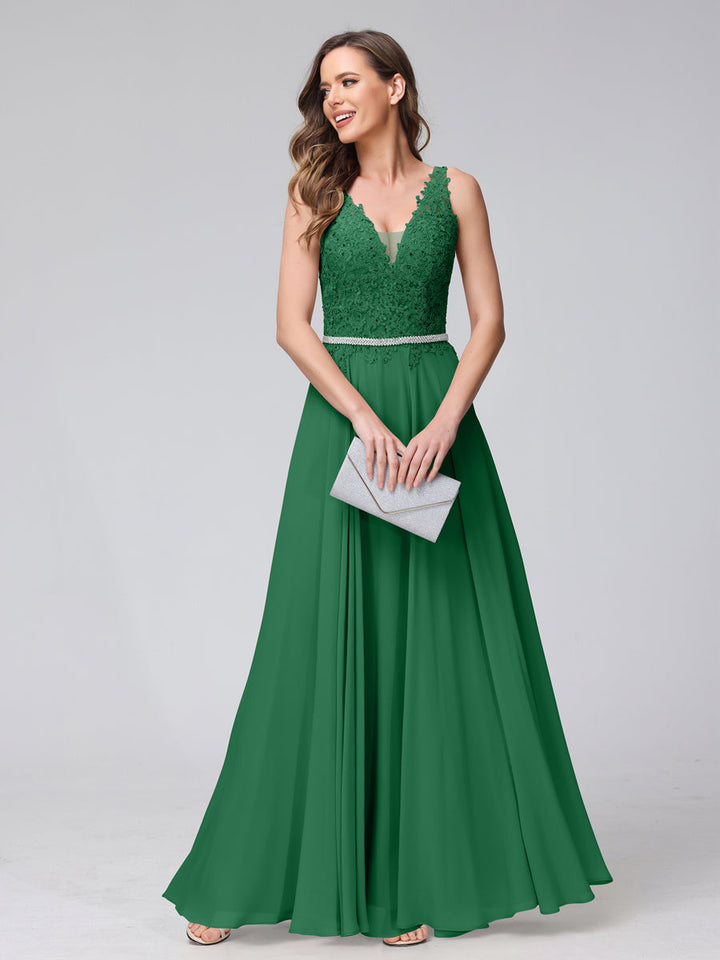 A-Line V-Neck Sleeveless Long Chiffon Dresses with Lace Appliques &amp; Rhinestones