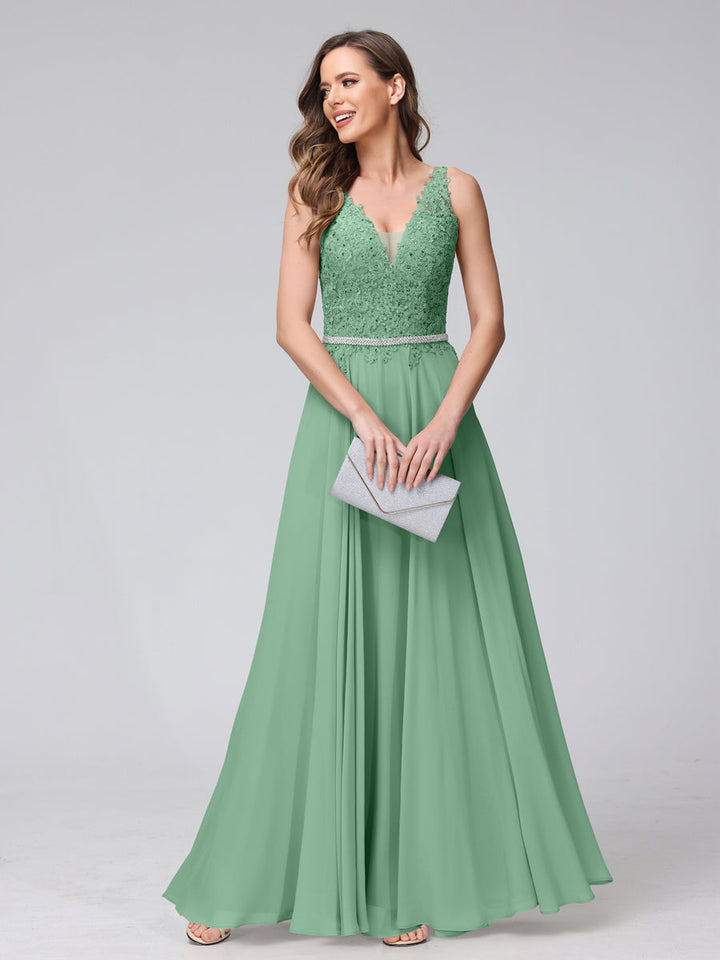 A-Line V-Neck Sleeveless Long Chiffon Dresses with Lace Appliques &amp; Rhinestones
