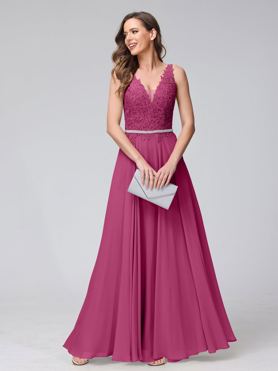 A-Line V-Neck Sleeveless Long Chiffon Dresses with Lace Appliques &amp; Rhinestones