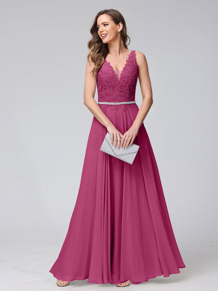 A-Line V-Neck Sleeveless Long Chiffon Dresses with Lace Appliques &amp; Rhinestones