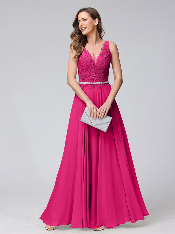 A-Line V-Neck Sleeveless Long Chiffon Dresses with Lace Appliques &amp; Rhinestones