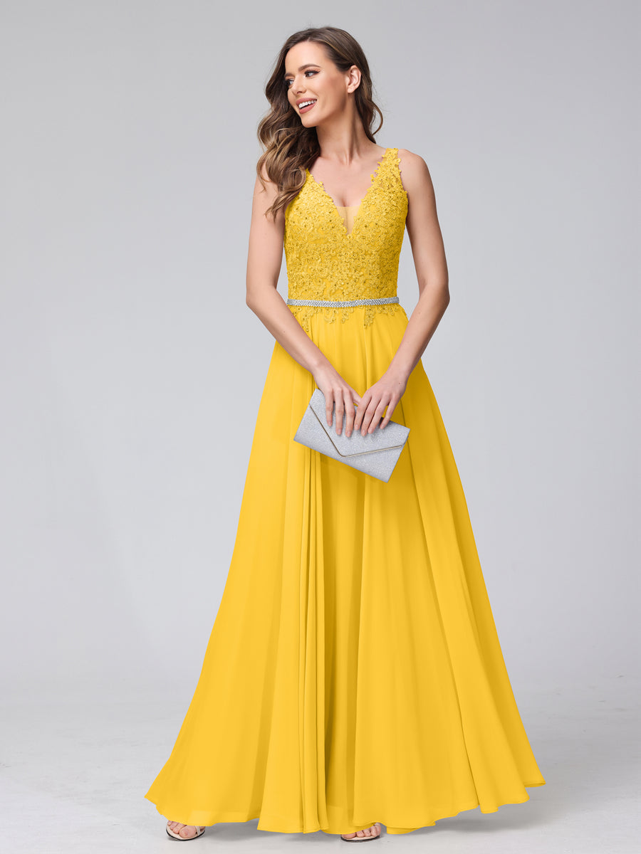 A-Line V-Neck Sleeveless Long Chiffon Dresses with Lace Appliques &amp; Rhinestones