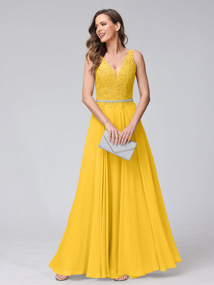 A-Line V-Neck Sleeveless Long Chiffon Dresses with Lace Appliques &amp; Rhinestones