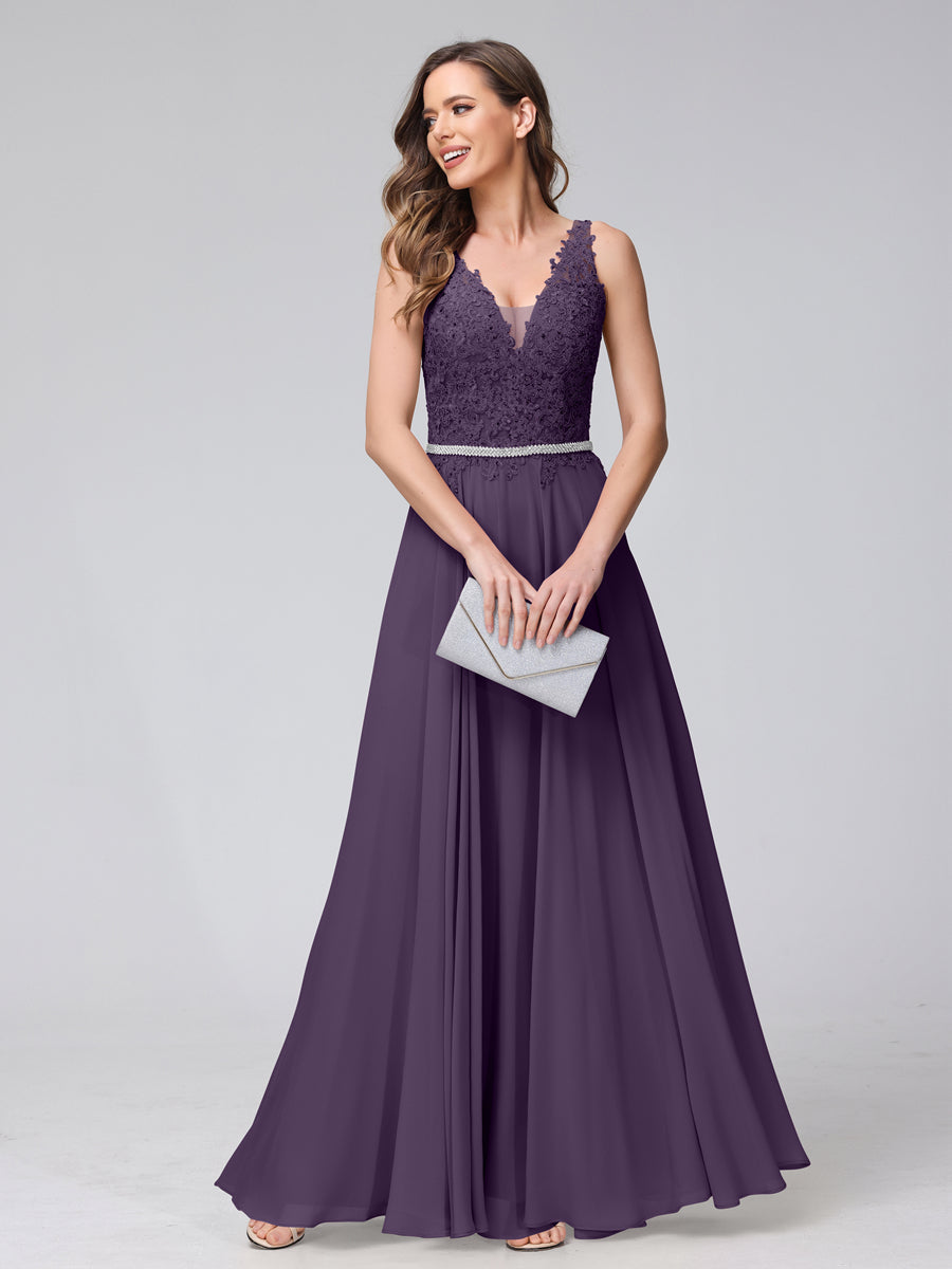 A-Line V-Neck Sleeveless Long Chiffon Dresses with Lace Appliques &amp; Rhinestones