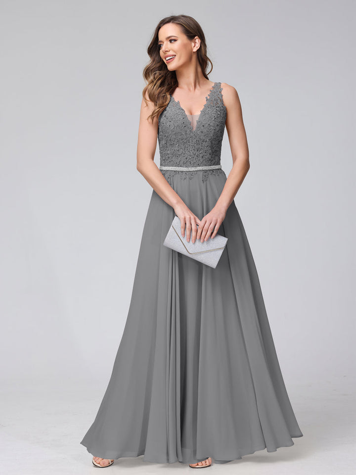 A-Line V-Neck Sleeveless Long Chiffon Dresses with Lace Appliques &amp; Rhinestones