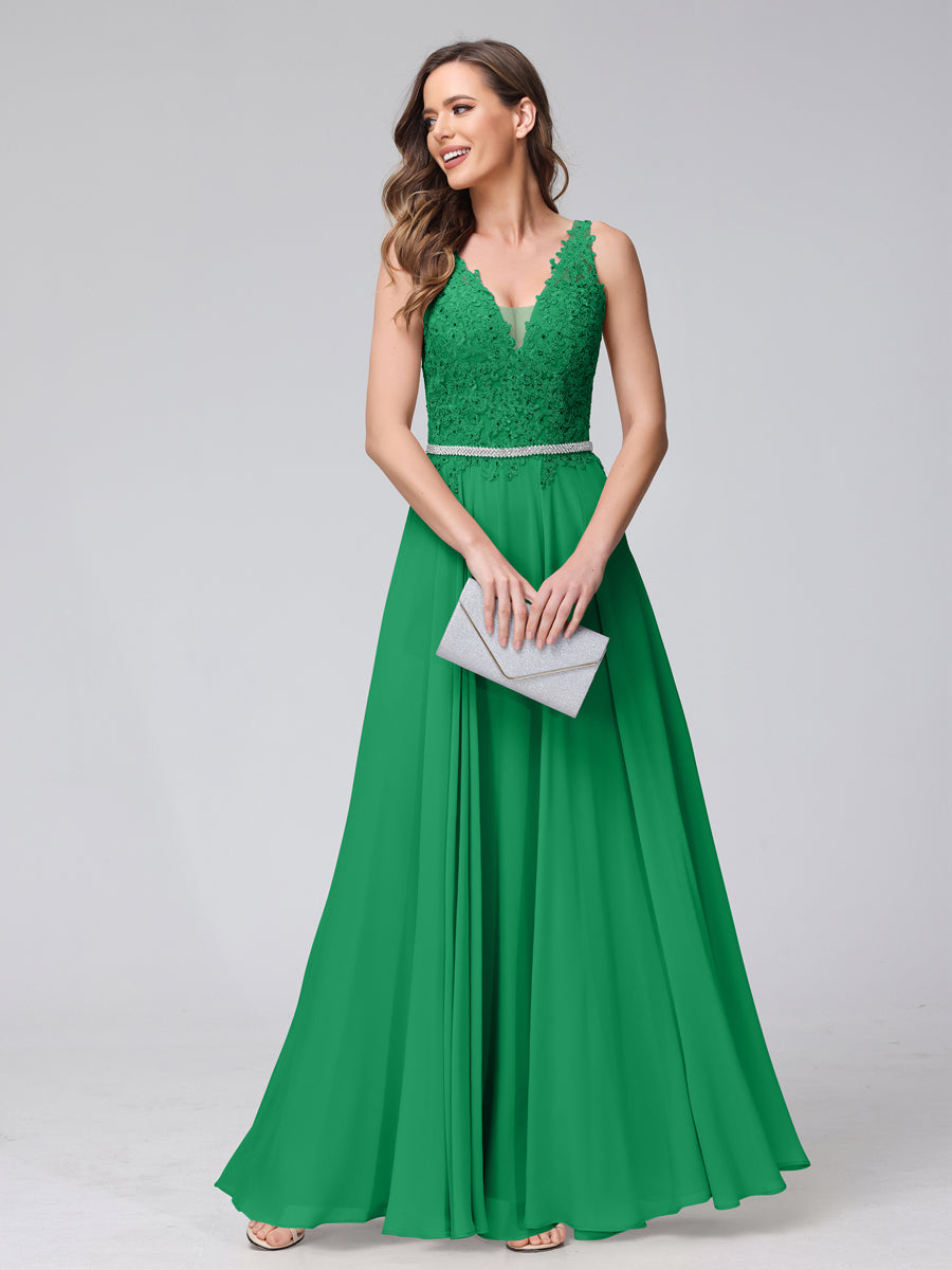 A-Line V-Neck Sleeveless Long Chiffon Dresses with Lace Appliques &amp; Rhinestones