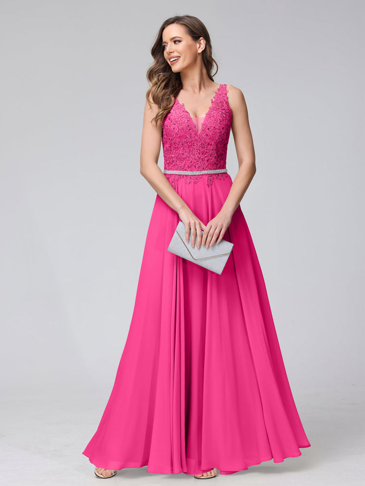A-Line V-Neck Sleeveless Long Chiffon Dresses with Lace Appliques &amp; Rhinestones