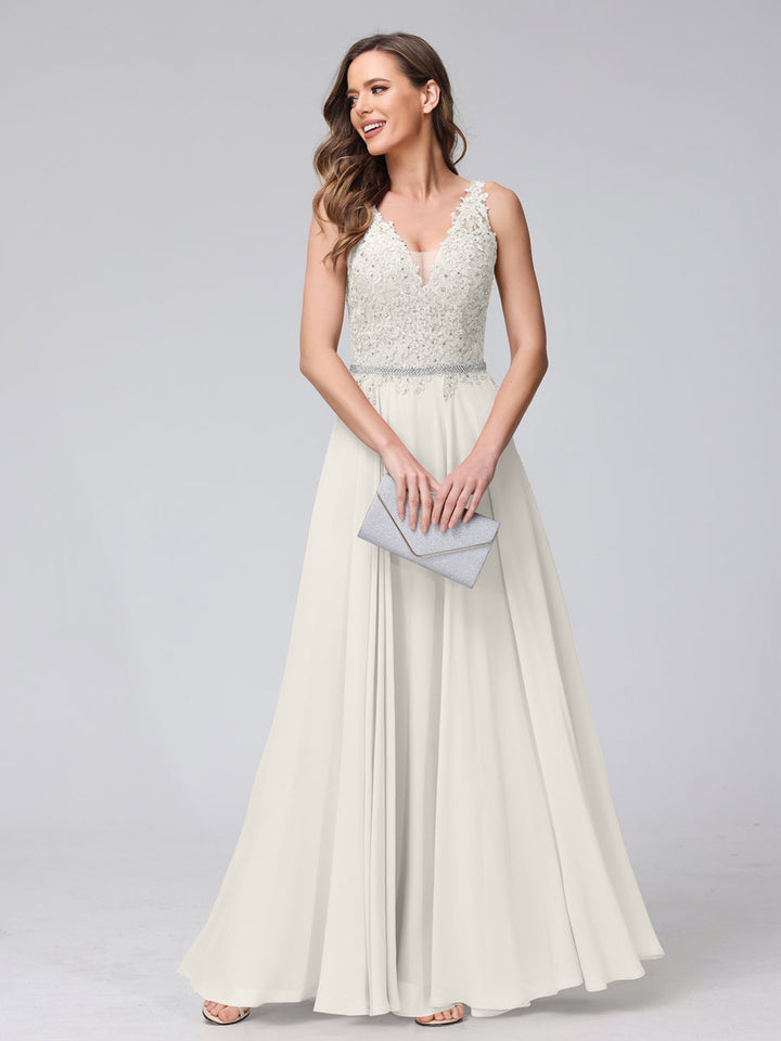 A-Line V-Neck Sleeveless Long Chiffon Dresses with Lace Appliques &amp; Rhinestones
