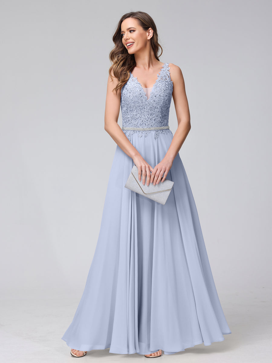 A-Line V-Neck Sleeveless Long Chiffon Dresses with Lace Appliques &amp; Rhinestones
