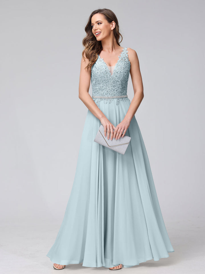 A-Line V-Neck Sleeveless Long Chiffon Dresses with Lace Appliques &amp; Rhinestones