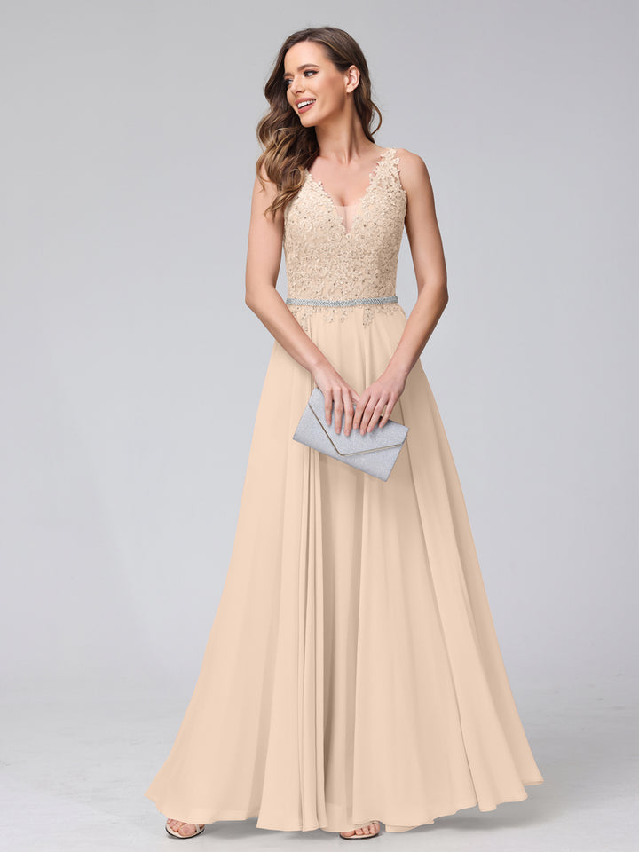 A-Line V-Neck Sleeveless Long Chiffon Dresses with Lace Appliques &amp; Rhinestones