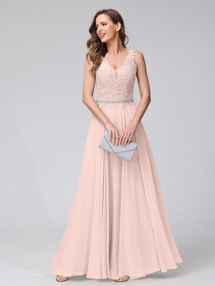A-Line V-Neck Sleeveless Long Chiffon Dresses with Lace Appliques &amp; Rhinestones