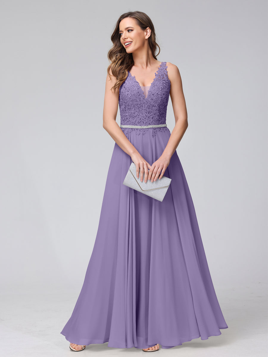 A-Line V-Neck Sleeveless Long Chiffon Dresses with Lace Appliques &amp; Rhinestones