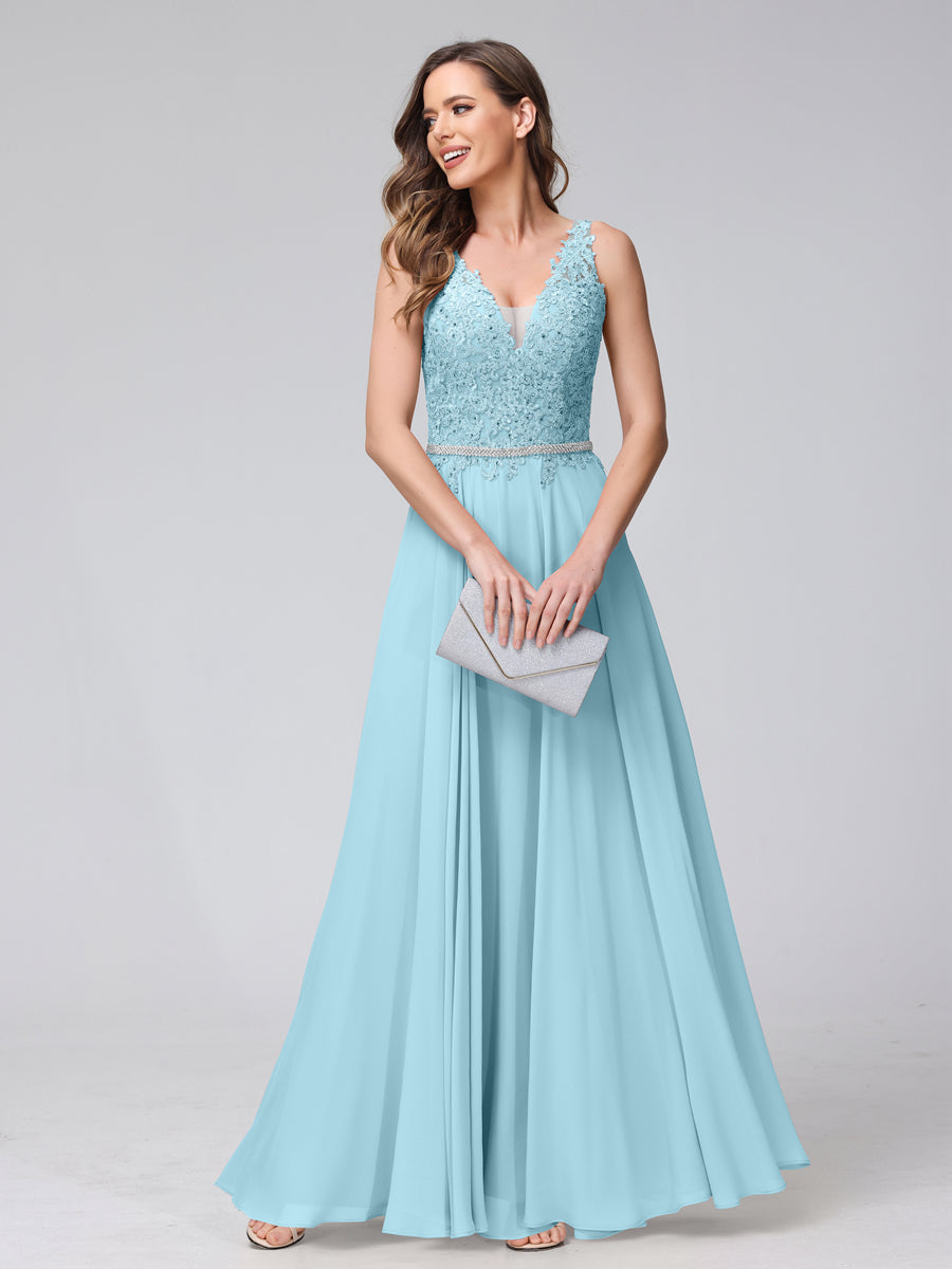 A-Line V-Neck Sleeveless Long Chiffon Dresses with Lace Appliques &amp; Rhinestones