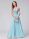 A-Line V-Neck Sleeveless Long Chiffon Dresses with Lace Appliques & Rhinestones