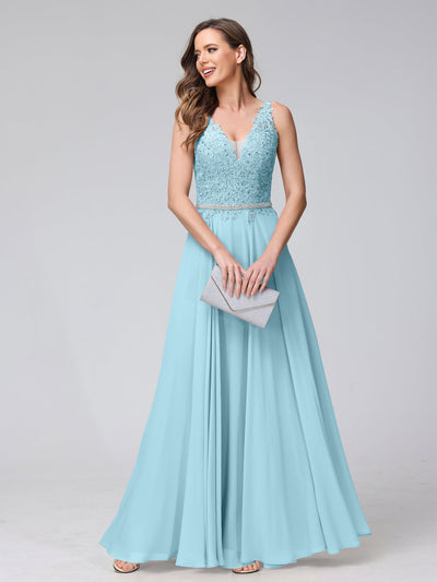 A-Line V-Neck Sleeveless Long Chiffon Dresses with Lace Appliques & Rhinestones