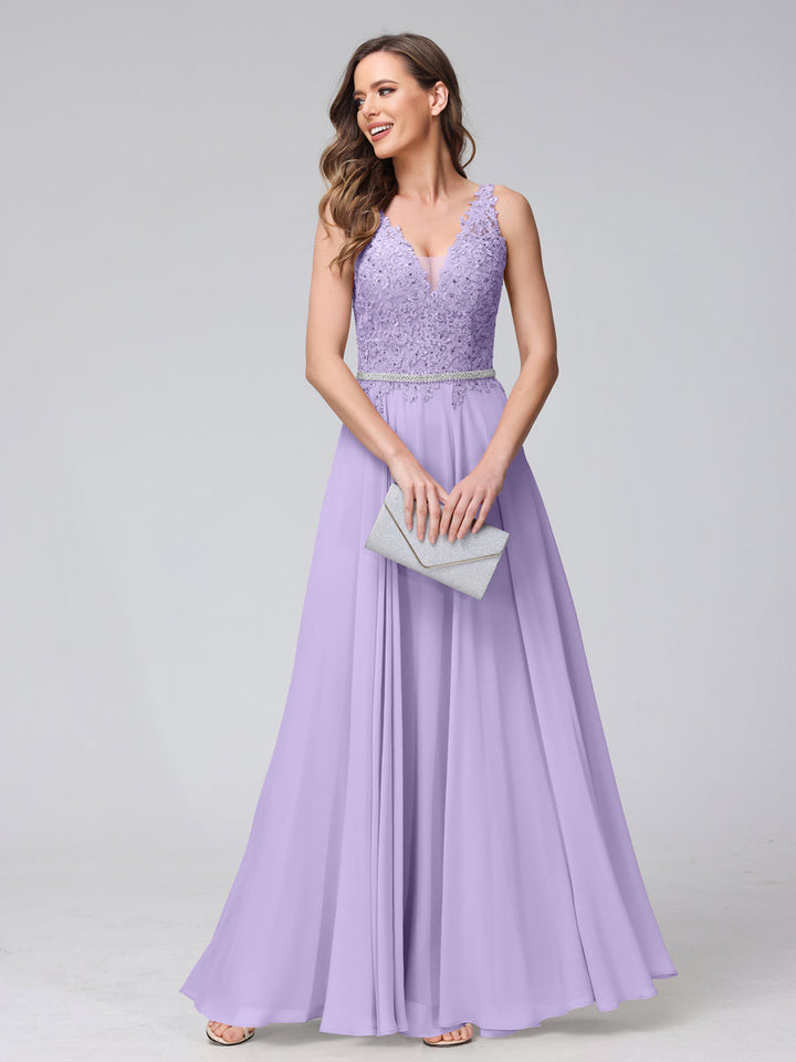 A-Line V-Neck Sleeveless Long Chiffon Dresses with Lace Appliques &amp; Rhinestones