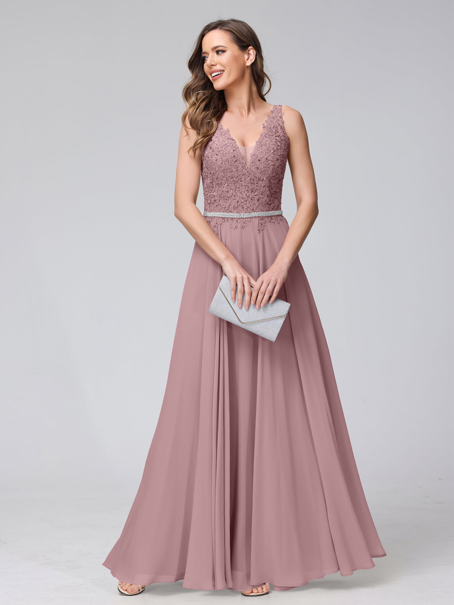 A-Line V-Neck Sleeveless Long Chiffon Dresses with Lace Appliques &amp; Rhinestones