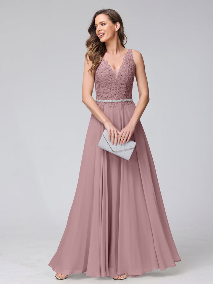 A-Line V-Neck Sleeveless Long Chiffon Dresses with Lace Appliques &amp; Rhinestones