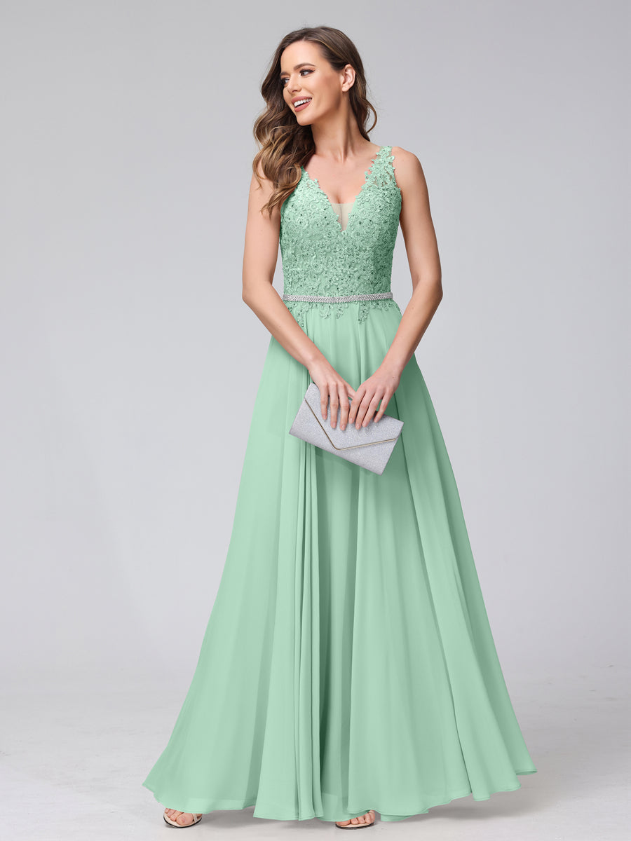 A-Line V-Neck Sleeveless Long Chiffon Dresses with Lace Appliques &amp; Rhinestones