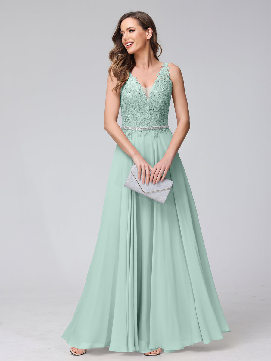 A-Line V-Neck Sleeveless Long Chiffon Dresses with Lace Appliques &amp; Rhinestones