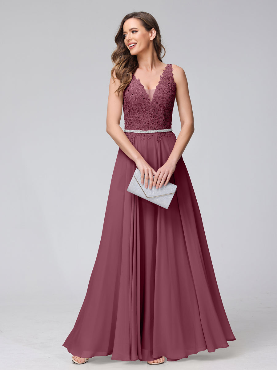 A-Line V-Neck Sleeveless Long Chiffon Dresses with Lace Appliques &amp; Rhinestones