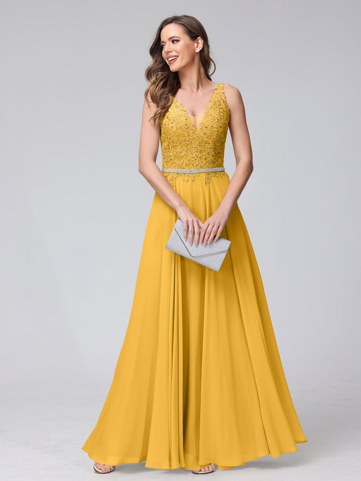 A-Line V-Neck Sleeveless Long Chiffon Dresses with Lace Appliques &amp; Rhinestones