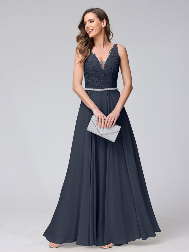 A-Line V-Neck Sleeveless Long Chiffon Dresses with Lace Appliques &amp; Rhinestones