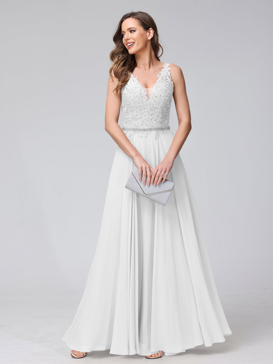 A-Line V-Neck Sleeveless Long Chiffon Dresses with Lace Appliques & Rhinestones