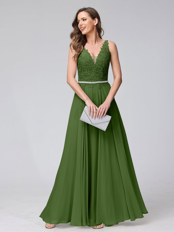 A-Line V-Neck Sleeveless Long Chiffon Dresses with Lace Appliques &amp; Rhinestones