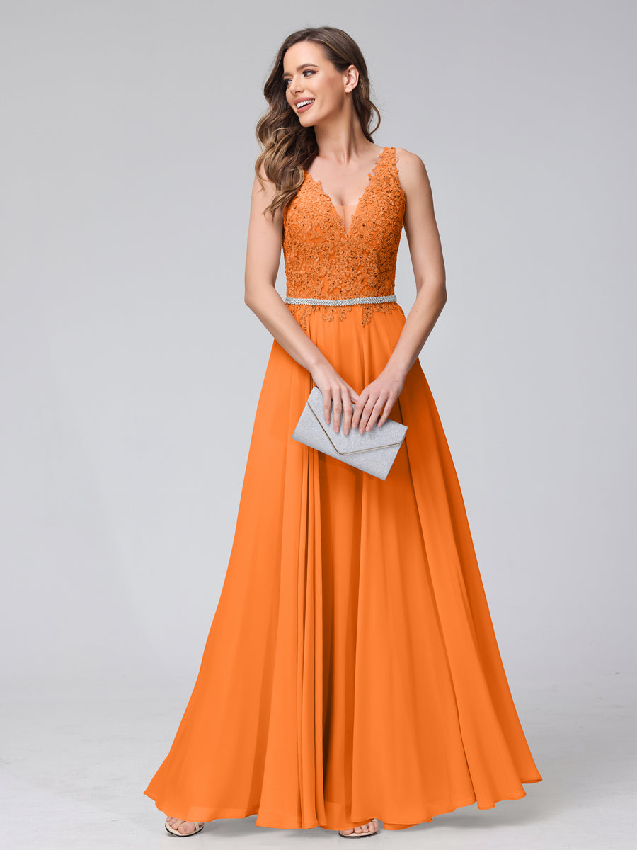 A-Line V-Neck Sleeveless Long Chiffon Dresses with Lace Appliques &amp; Rhinestones